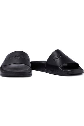 Balmain Calypso Logo-embossed Leather Slides In Black