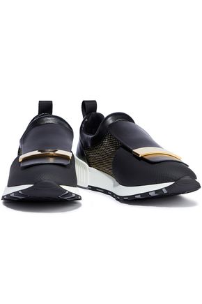 Click to view more detailed imagery on our partner's website Sergio Rossi Sr1 Embellished Leather And Coated-mesh Slip-on Sneakers In Black