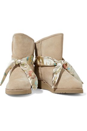 Australia Luxe Collective Joshua Satin Jacquard-trimmed Shearling Wedge Ankle Boots In Sand