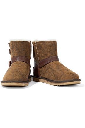 Australia Luxe Collective Buckled Leather-trimmed Burnished Shearling Ankle Boots In Camel