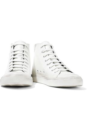 Click to view more detailed imagery on our partner's website Saint Laurent Woman Bedford AppliquéD Distressed Leather High-Top Sneakers White