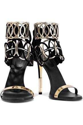 Balmain Laser-cut Mirrored-leather And Suede Sandals In Black