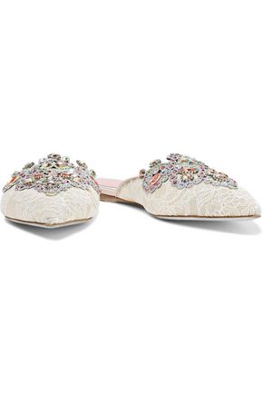 RENÉ CAOVILLA CRYSTAL-EMBELLISHED CORDED LACE SLIPPERS,3074457345621088277