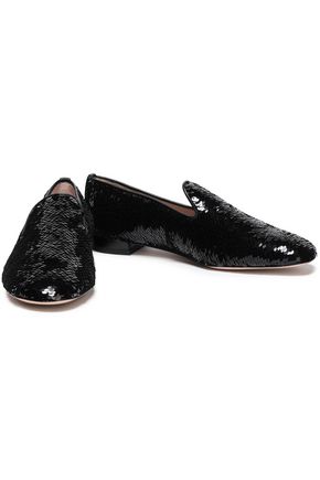 Stuart Weitzman Leather-trimmed Sequined Cotton-blend Loafers In Black
