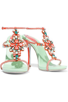 René Caovilla Tormaline Embellished Laser-cut Suede, Leather And Satin Sandals In Mint