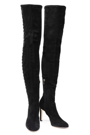 JIMMY CHOO MARIE 100 LACE-UP STRETCH-SUEDE THIGH BOOTS,3074457345624078842