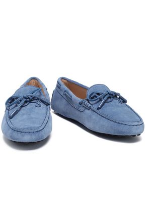 Click to view more detailed imagery on our partner's website Tod's Bow-embellished Leather-trimmed Suede Moccasins In Light Blue