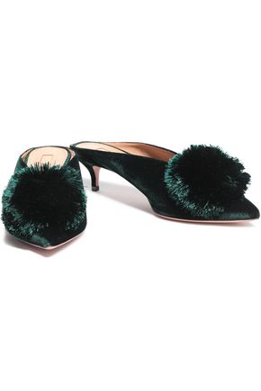 Aquazzura Powder Puff Pompom Embellished Velvet Mules In Emerald Modesens