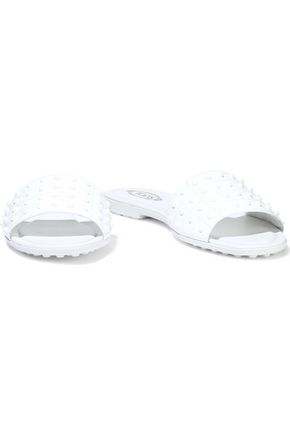 Click to view more detailed imagery on our partner's website Tod's Studded Quilted Patent-leather Slides In White
