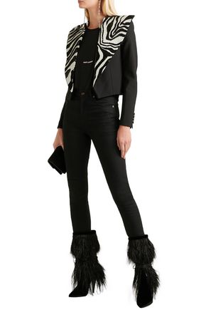 Saint Laurent Yeti Ostrich Feather-embellished Velvet Boots In Black