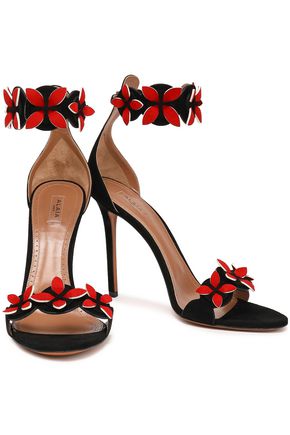 Alaïa Floral-appliquéd Suede Sandals In Black