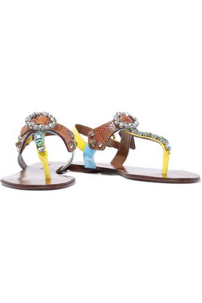 Dolce & Gabbana Crystal-embellished Color-block Ayers And Patent-leather Sandals In Orange