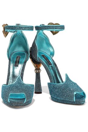 Dolce & Gabbana Bette Embellished Glittered Metallic Leather Sandals In Turquoise