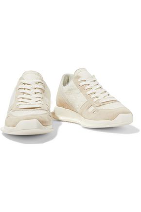 RICK OWENS RUNNER LEATHER, SUEDE AND FRAYED WOVEN SNEAKERS,3074457345620917178