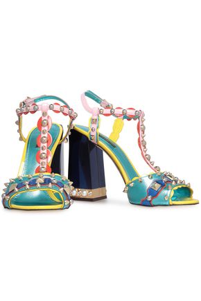 Dolce & Gabbana Scalloped Embellished Printed Metallic Leather Sandals In Turquoise