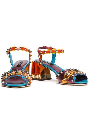 Dolce & Gabbana Color-block Embellished Leather Sandals In Violet