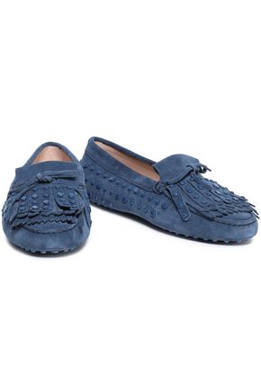 Tod's Fringed Studded Suede Loafers In Storm Blue