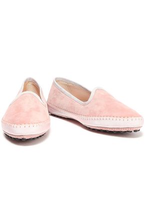 Tod's Grosgrain-trimmed Suede Slippers In Antique Rose