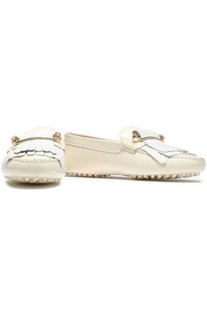 Tod's Embellished Smooth And Patent-leather Loafers In Ivory