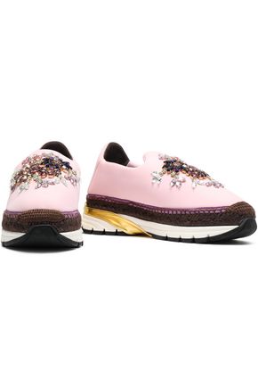 Dolce & Gabbana Crystal-embellished Neoprene Platform Slip-on Trainers In Baby Pink