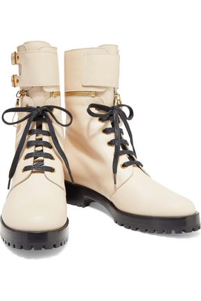 Sergio Rossi Zip-detailed Buckled Leather Ankle Boots In Cream