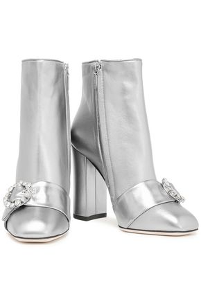 Dolce & Gabbana Embellished Metallic Leather Ankle Boots In Silver