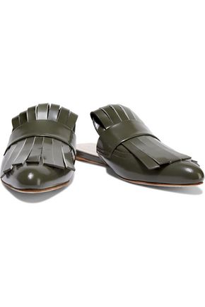 Marni Fringed Glossed-leather Slippers In Army Green