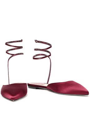 René Caovilla Crystal-embellished Satin Point-toe Flats In Merlot