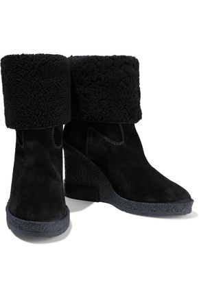 Tod's Shearling-paneled Suede Wedge Ankle Boots In Black