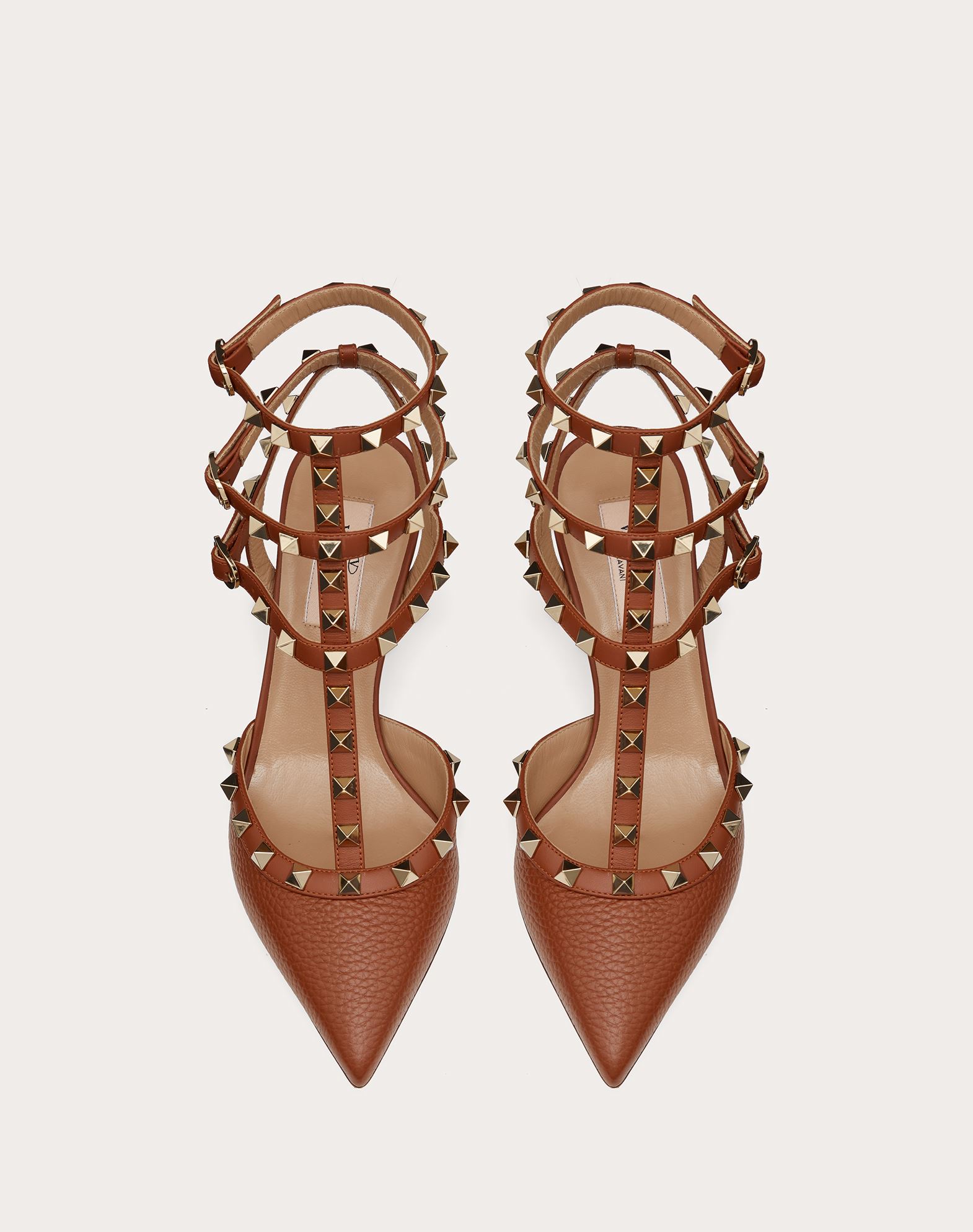 rockstud metallic grainy calfskin leather ankle strap pump 66 mm