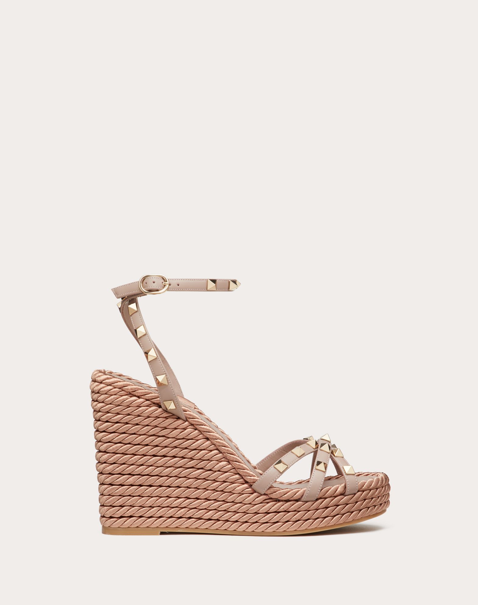 Rockstud Ankle Strap Wedge Sandal in Calfskin Leather 95 mm for Woman ...