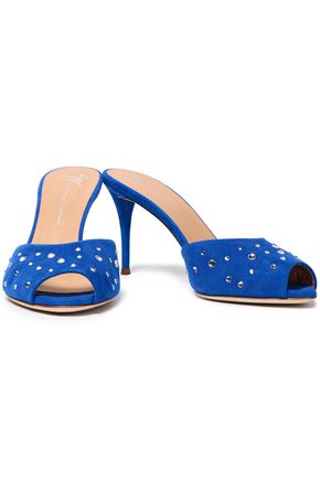 Click to view more detailed imagery on our partner's website Giuseppe Zanotti Woman Crystal-Embellished Suede Mules Bright Blue