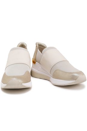 Michael Michael Kors Woman Felix Woven-paneled Glittered Metallic-leather And Mesh Slip-on Sneakers  In Ivory