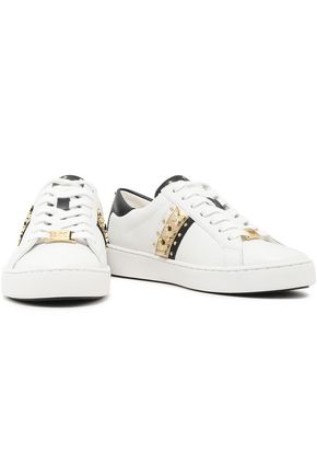 Michael Michael Kors Embellished Metallic Striped Leather Sneakers In White