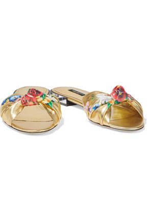 Dolce & Gabbana Knotted Floral-print Metallic Leather Slides In Gold