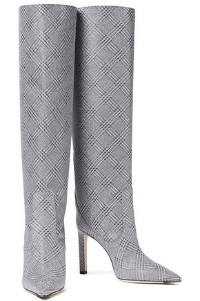 Jimmy Choo Glittered Checked Leather Knee Boots In Silver