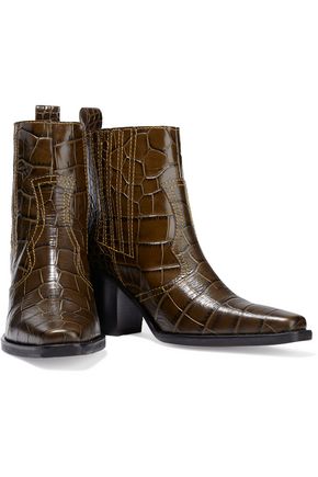 GANNI CROC-EFFECT LEATHER ANKLE BOOTS,3074457345621974073