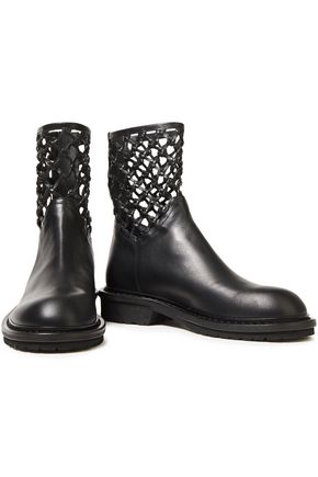 ANN DEMEULEMEESTER MACRAMÉ-TRIMMED LEATHER ANKLE BOOTS,3074457345622024603