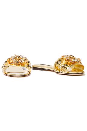 Dolce & Gabbana Embellished Metallic Leather Slides In Gold