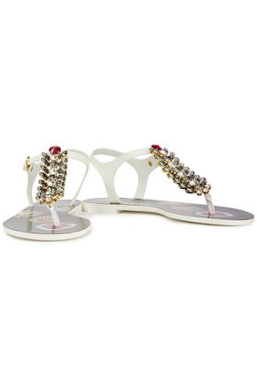 Dolce & Gabbana Leather-trimmed Crystal-embellished Rubber Sandals In White