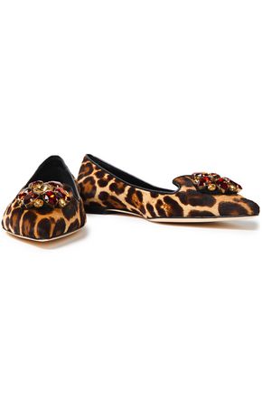 Dolce & Gabbana Bellucci Crystal-embellished Leopard-print Calf Hair Point-toe Flats In Animal Print