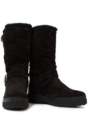 TOD'S BUCKLE-DETAILED SHEARLING BOOTS,3074457345622063925