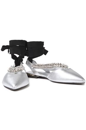 Roger Vivier Choc Real V Crystal-embellished Metallic Leather Point-toe Flats In Silver