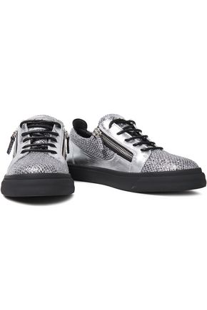 Giuseppe Zanotti London Zip-detailed Glittered Snake-effect And Metallic Leather Sneakers In Silver