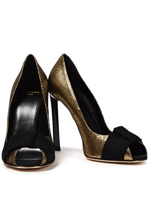 Lanvin Bow-embellished Metallic Cracked-leather Pumps In Gold