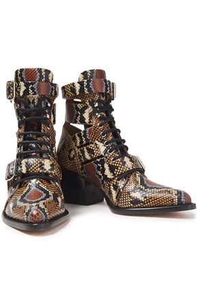 CHLOÉ RYLEE CUTOUT SNAKE-EFFECT LEATHER ANKLE BOOTS,3074457345622172647