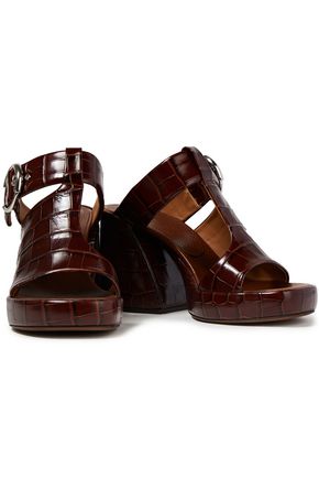 Chloé Wave Buckled Croc-effect Leather Platform Sandals In Chocolate