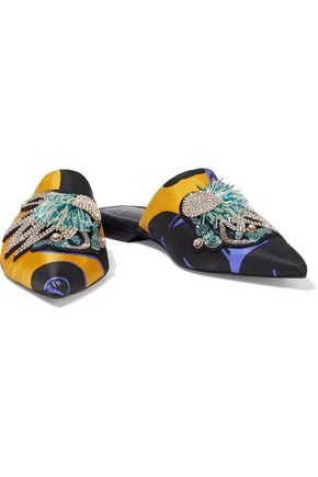 Lanvin Embellished Printed Silk-twill Slippers In Black