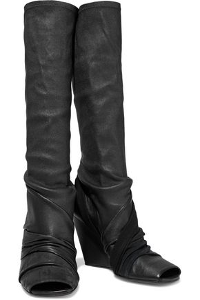 Rick Owens Gathered Distressed Stretch-leather Wedge Sock Boots In Black
