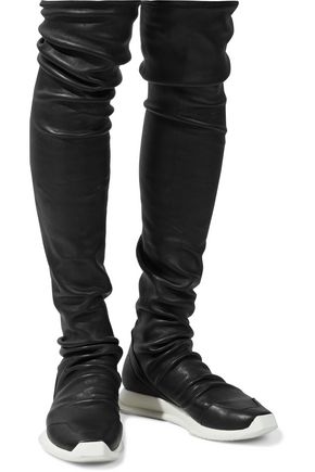 RICK OWENS OBLIQUE RUNNER STRETCH-LEATHER OVER-THE-KNEE BOOTS,3074457345622279535